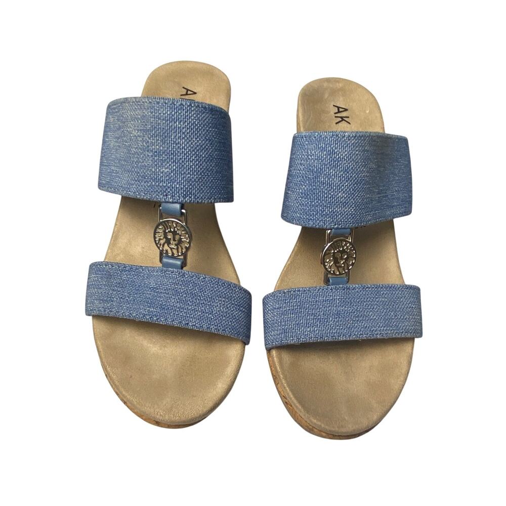 Anne Klein Reese Blue Canvas Wedge Cork Sandals Women's Size 7